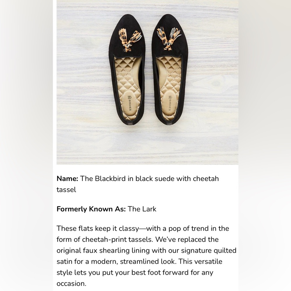 Birdies Blackbird Tassel Loafer, black w/cheetal tassel, size 8, suede leather